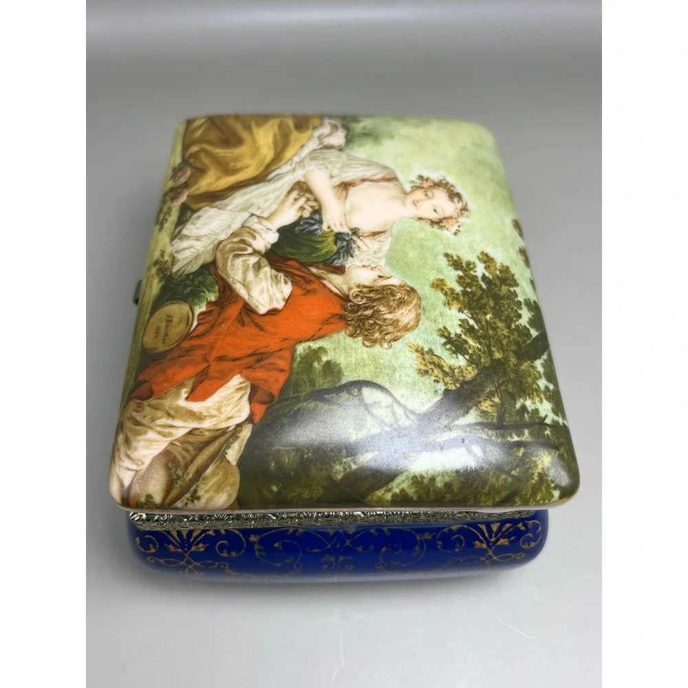 Lego Japan Vtg Porcelain Musical Jewelry Box Fragonard Style Cobalt Blue Gold